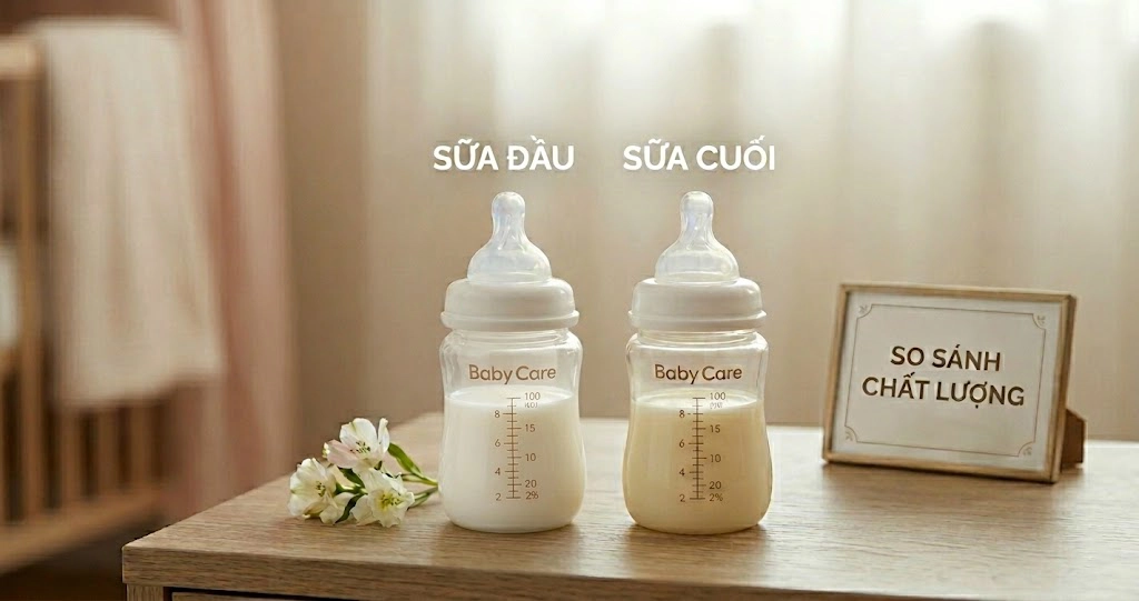 So sánh sữa đầu và sữa sau cùng 1 cữ vắt của mẹ.